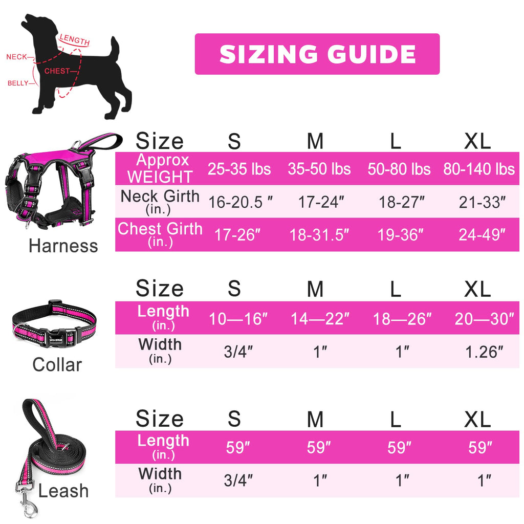 WINSEE Pet Harness Collar and Leash Set, All-in-one Reflective Dog Harness No Pull with Adjustable Buckles for Puppies, Small, Medium, Large, and Extra-Large Dogs (Large, Purple)