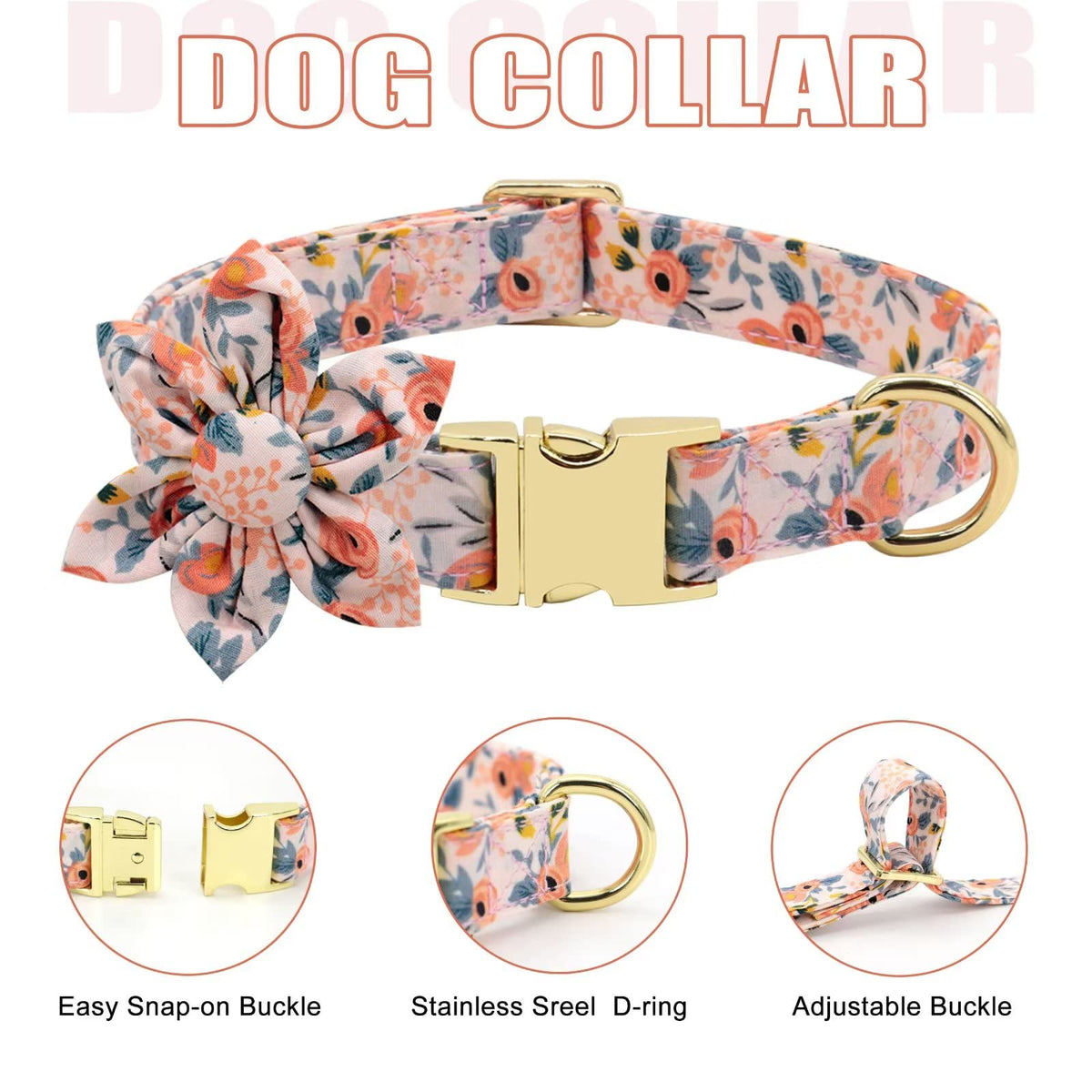Beirui Cute Dog Collars,Harnesses,Leashes Set, Floral Pattern, Orange,S