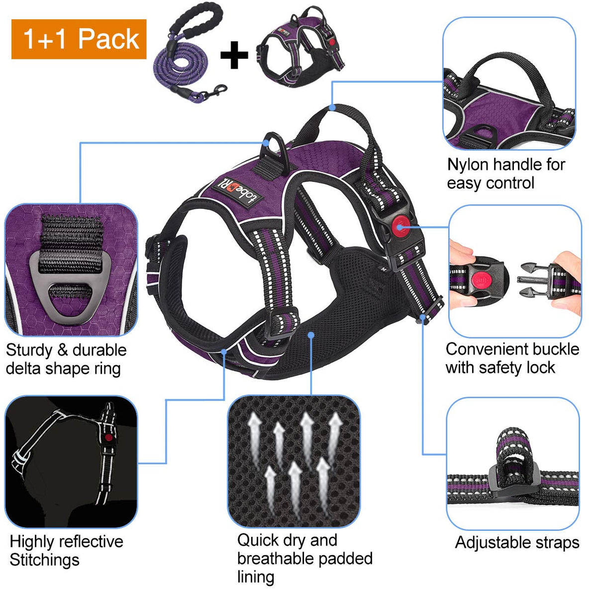 tobeDRI No Pull Dog Harness Adjustable Reflective Oxford Easy Control Medium Large Dog Harness with A Free Heavy Duty 5ft Dog Leash, Orange, L