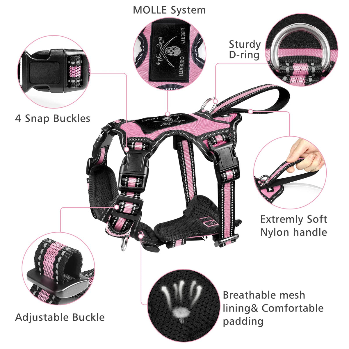 WINSEE Pet Harness Collar and Leash Set, All-in-one Reflective Dog Harness No Pull with Adjustable Buckles for Puppies, Small, Medium, Large, and Extra-Large Dogs (Large, Purple)