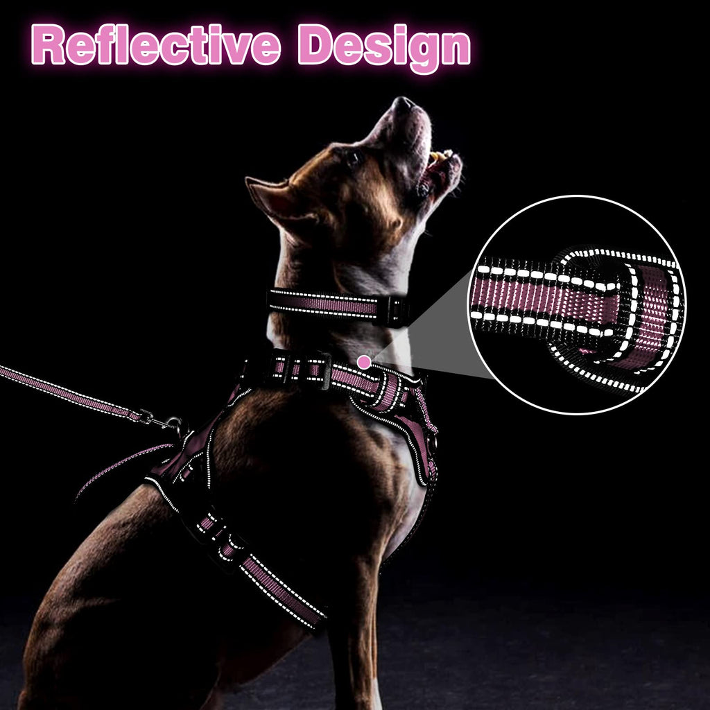 WINSEE Pet Harness Collar and Leash Set, All-in-one Reflective Dog Harness No Pull with Adjustable Buckles for Puppies, Small, Medium, Large, and Extra-Large Dogs (Large, Purple)