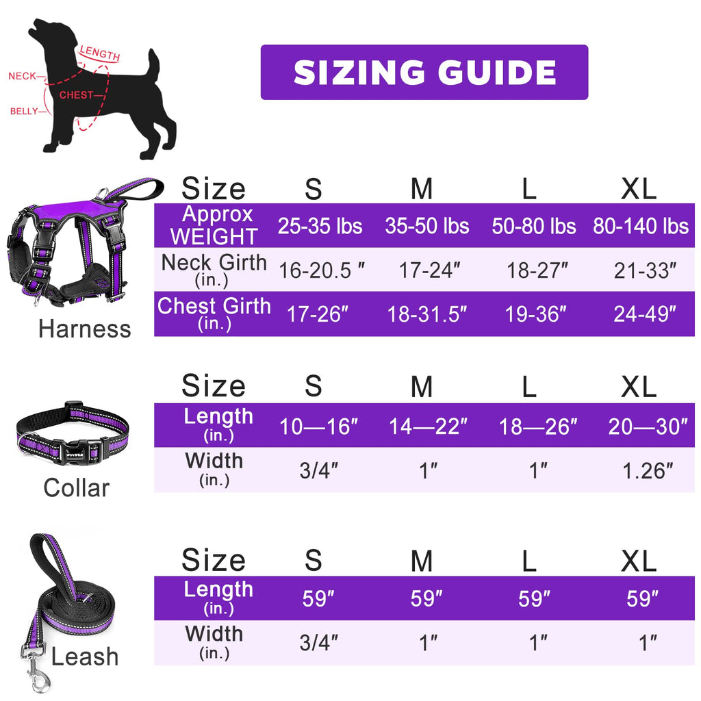 WINSEE Pet Harness Collar and Leash Set, All-in-one Reflective Dog Harness No Pull with Adjustable Buckles for Puppies, Small, Medium, Large, and Extra-Large Dogs (Large, Purple)