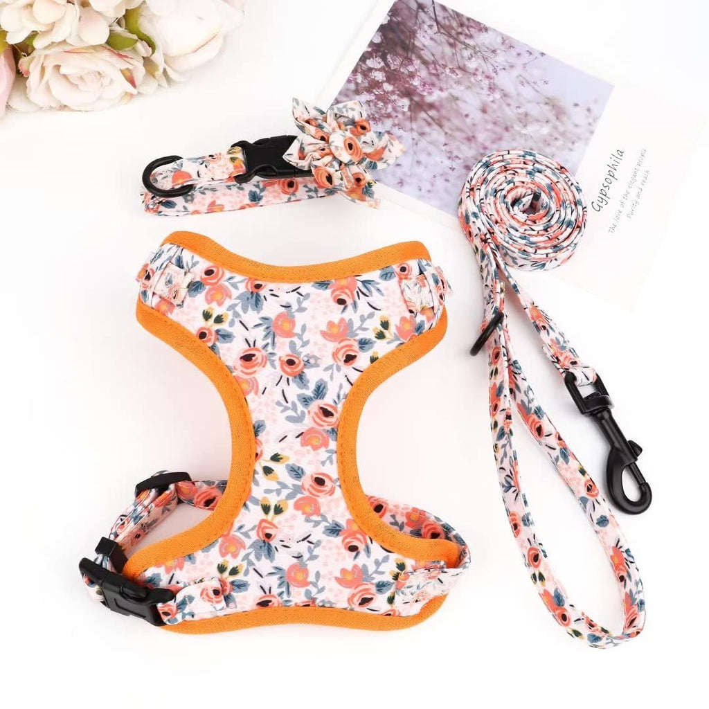 Beirui Cute Dog Collars,Harnesses,Leashes Set, Floral Pattern, Orange,S