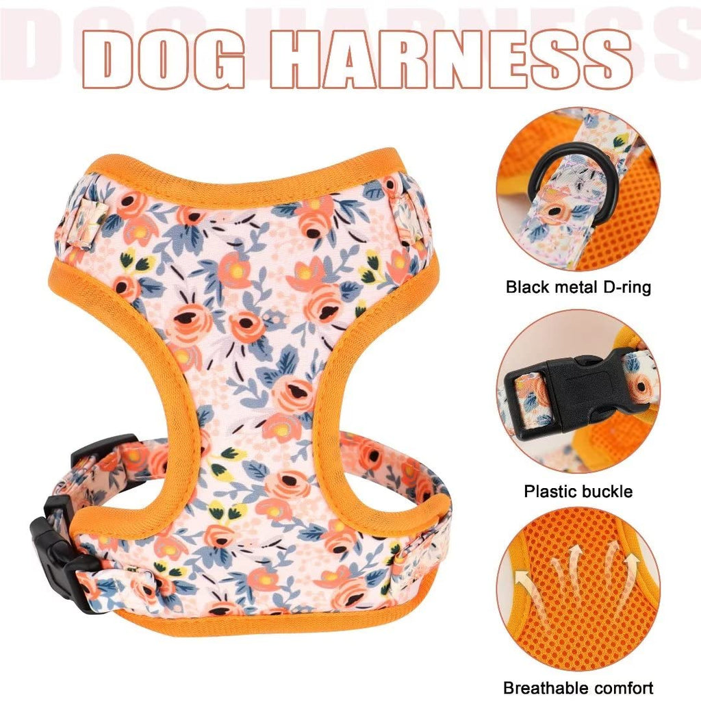 Beirui Cute Dog Collars,Harnesses,Leashes Set, Floral Pattern, Orange,S