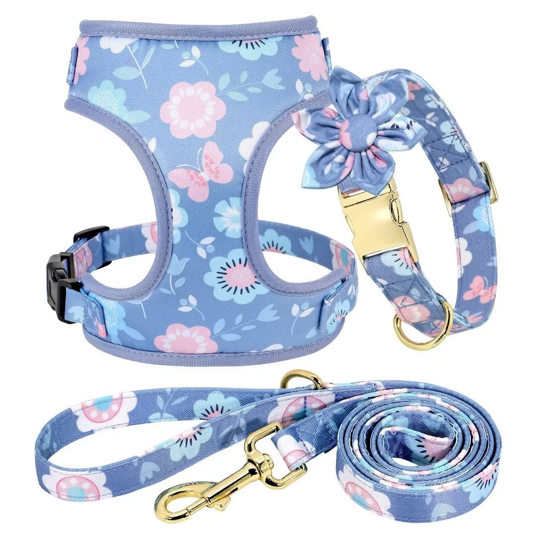 Beirui Cute Dog Collars,Harnesses,Leashes Set, Floral Pattern, Orange,S