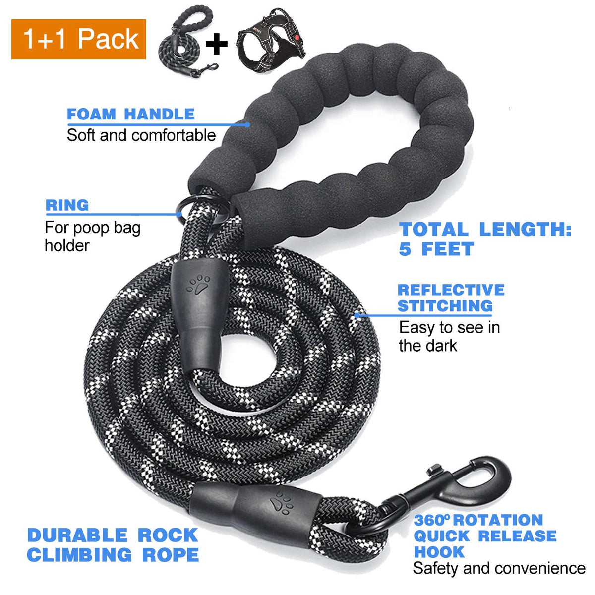 tobeDRI No Pull Dog Harness Adjustable Reflective Oxford Easy Control Medium Large Dog Harness with A Free Heavy Duty 5ft Dog Leash, Orange, L