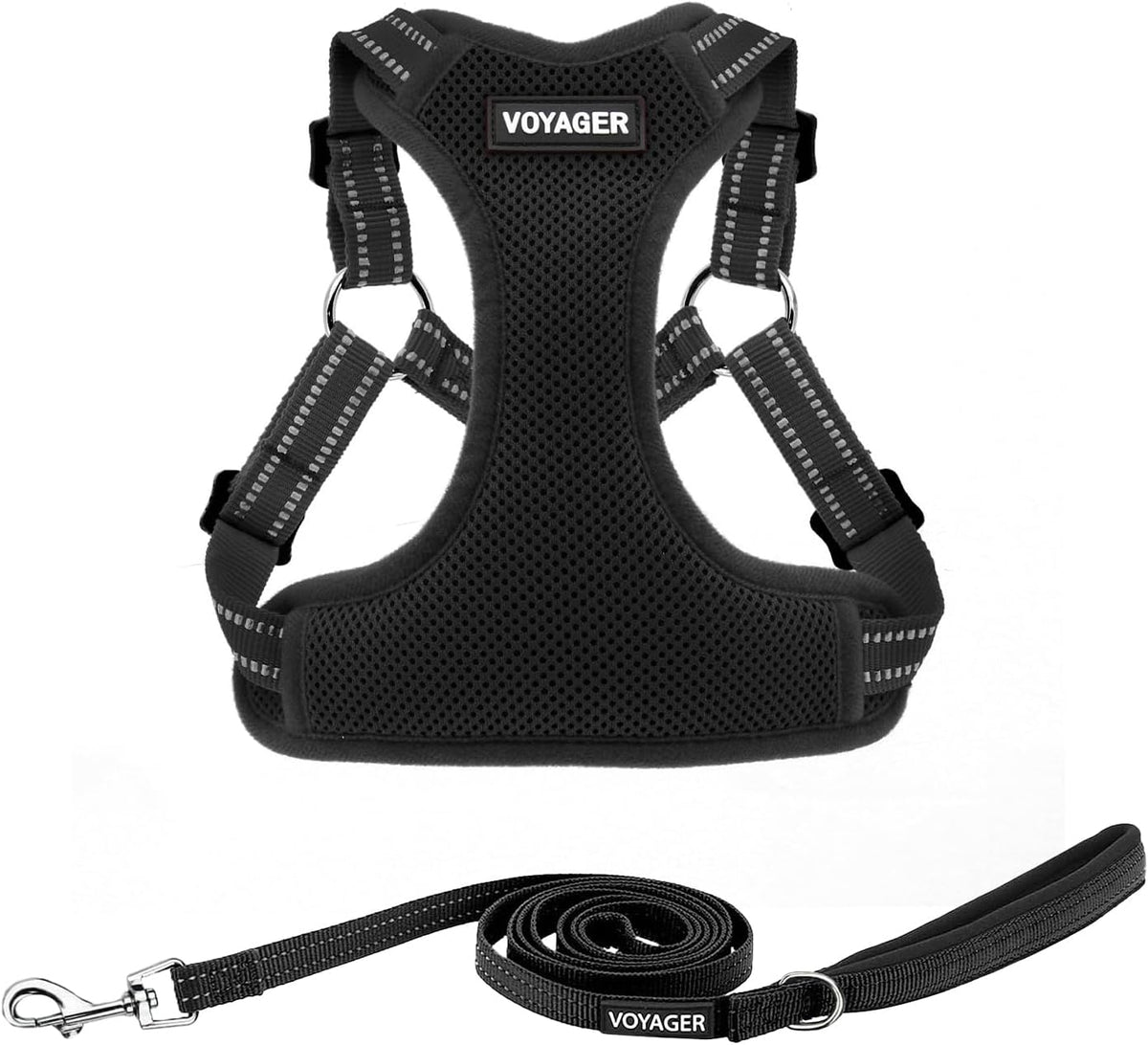 Best Pet Supplies Voyager Mesh Dog Breathable Harness Reflective Stitching, All Weather Adjustable for Walking Training, or Running - Heavy Duty & Durable, Harness Leash Set (Black), XL