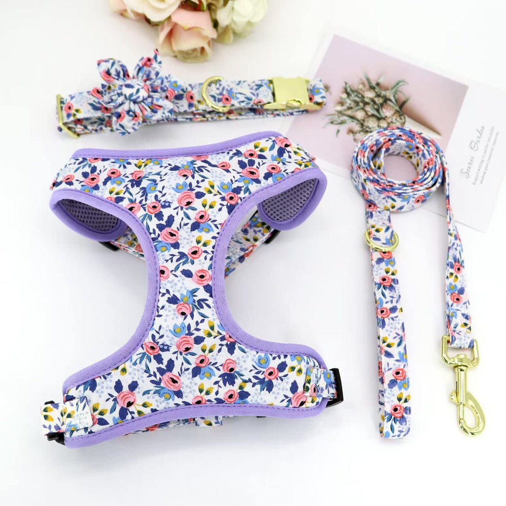 Beirui Cute Dog Collars,Harnesses,Leashes Set, Floral Pattern, Orange,S