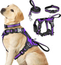 WINSEE Pet Harness Collar and Leash Set, All-in-one Reflective Dog Harness No Pull with Adjustable Buckles for Puppies, Small, Medium, Large, and Extra-Large Dogs (Large, Purple)