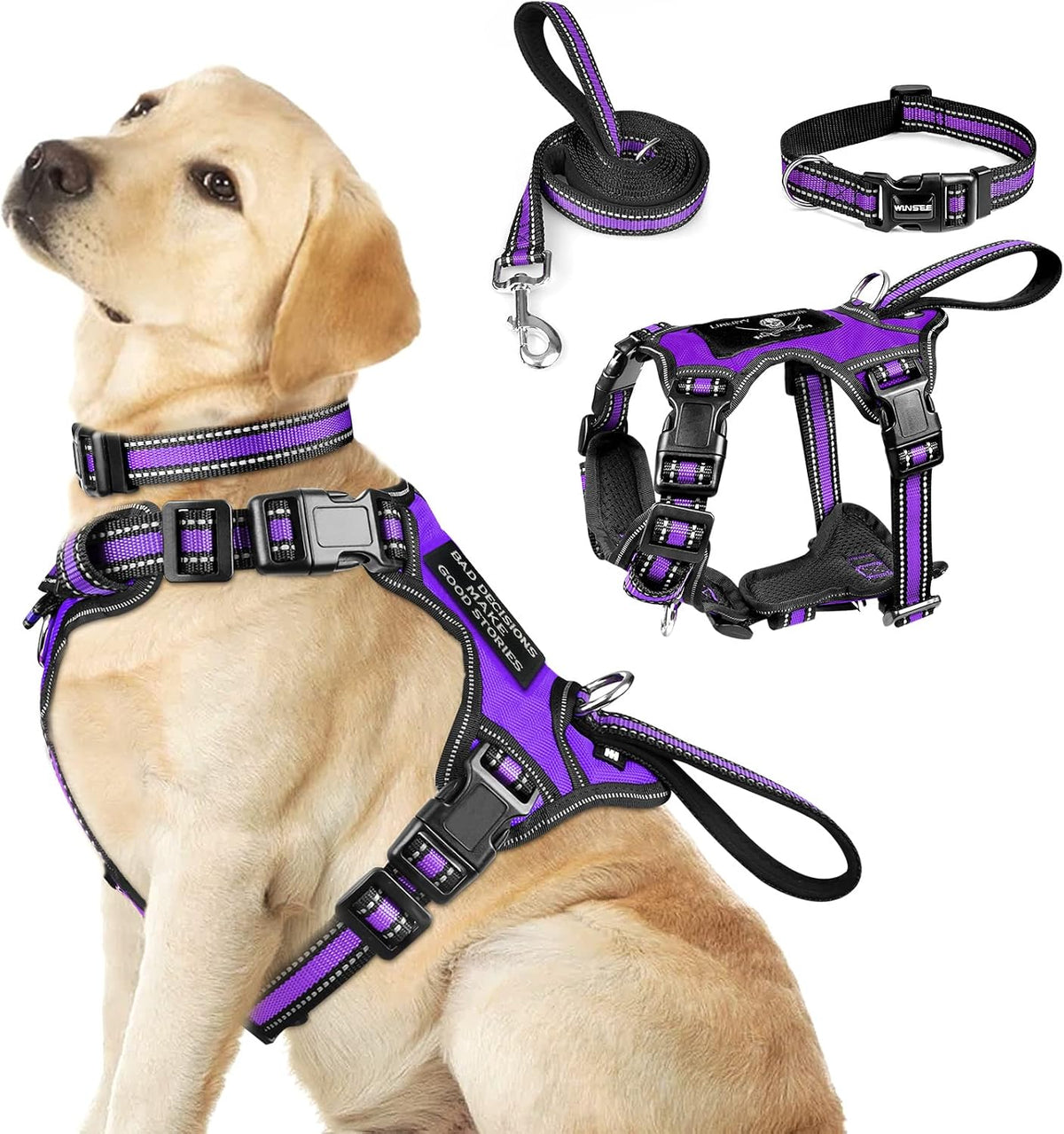 WINSEE Pet Harness Collar and Leash Set, All-in-one Reflective Dog Harness No Pull with Adjustable Buckles for Puppies, Small, Medium, Large, and Extra-Large Dogs (Large, Purple)