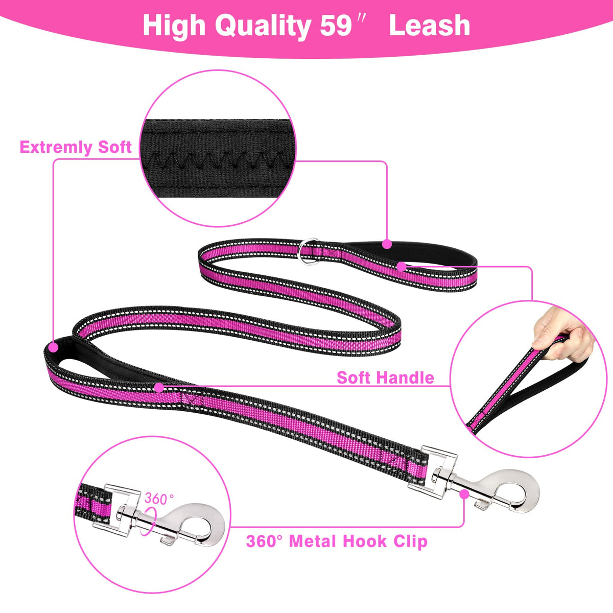 WINSEE Pet Harness Collar and Leash Set, All-in-one Reflective Dog Harness No Pull with Adjustable Buckles for Puppies, Small, Medium, Large, and Extra-Large Dogs (Large, Purple)