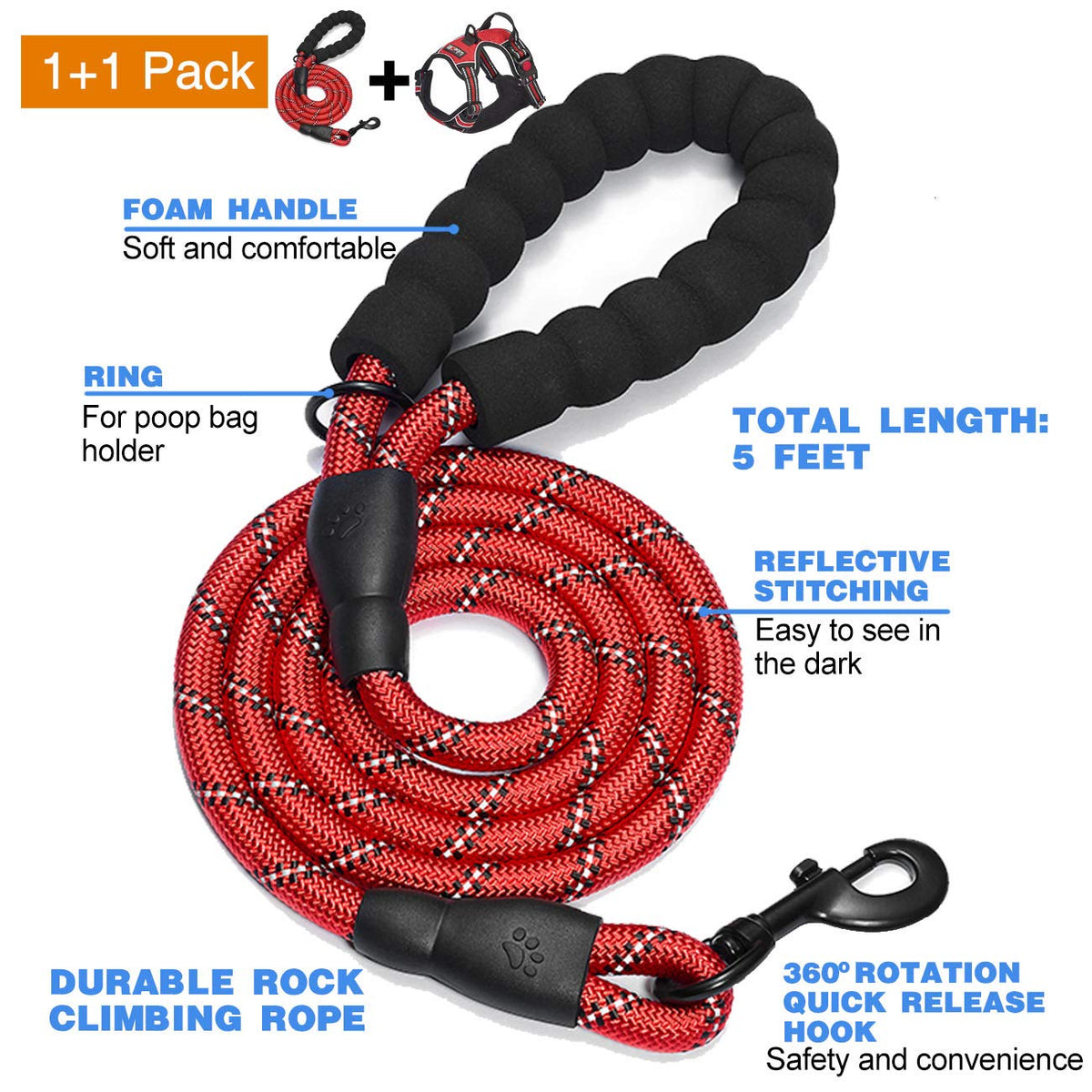 tobeDRI No Pull Dog Harness Adjustable Reflective Oxford Easy Control Medium Large Dog Harness with A Free Heavy Duty 5ft Dog Leash, Orange, L
