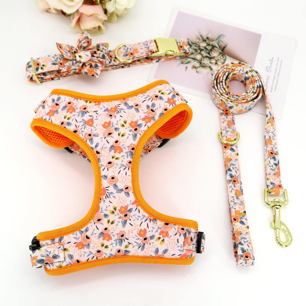 Beirui Cute Dog Collars,Harnesses,Leashes Set, Floral Pattern, Orange,S