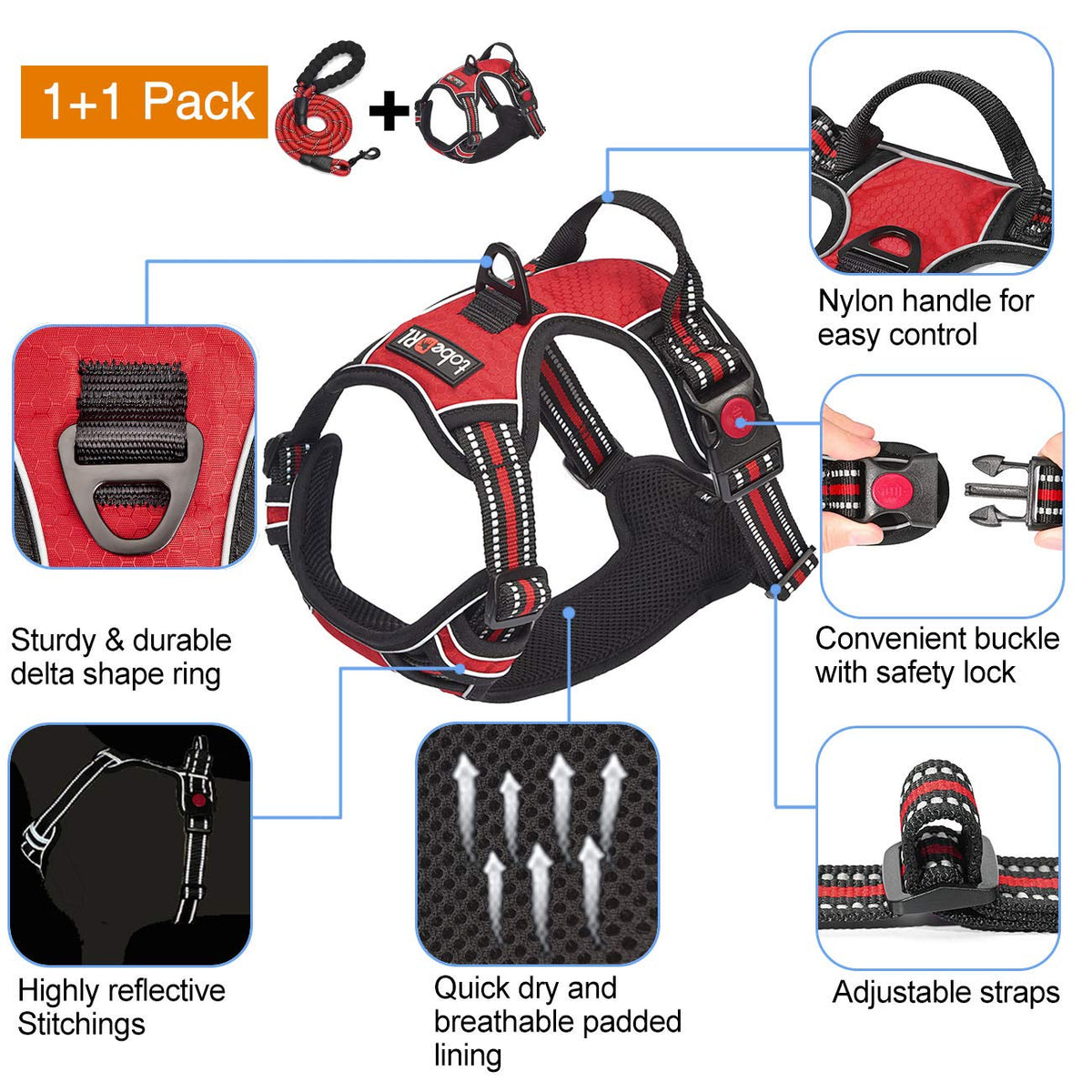 tobeDRI No Pull Dog Harness Adjustable Reflective Oxford Easy Control Medium Large Dog Harness with A Free Heavy Duty 5ft Dog Leash, Orange, L