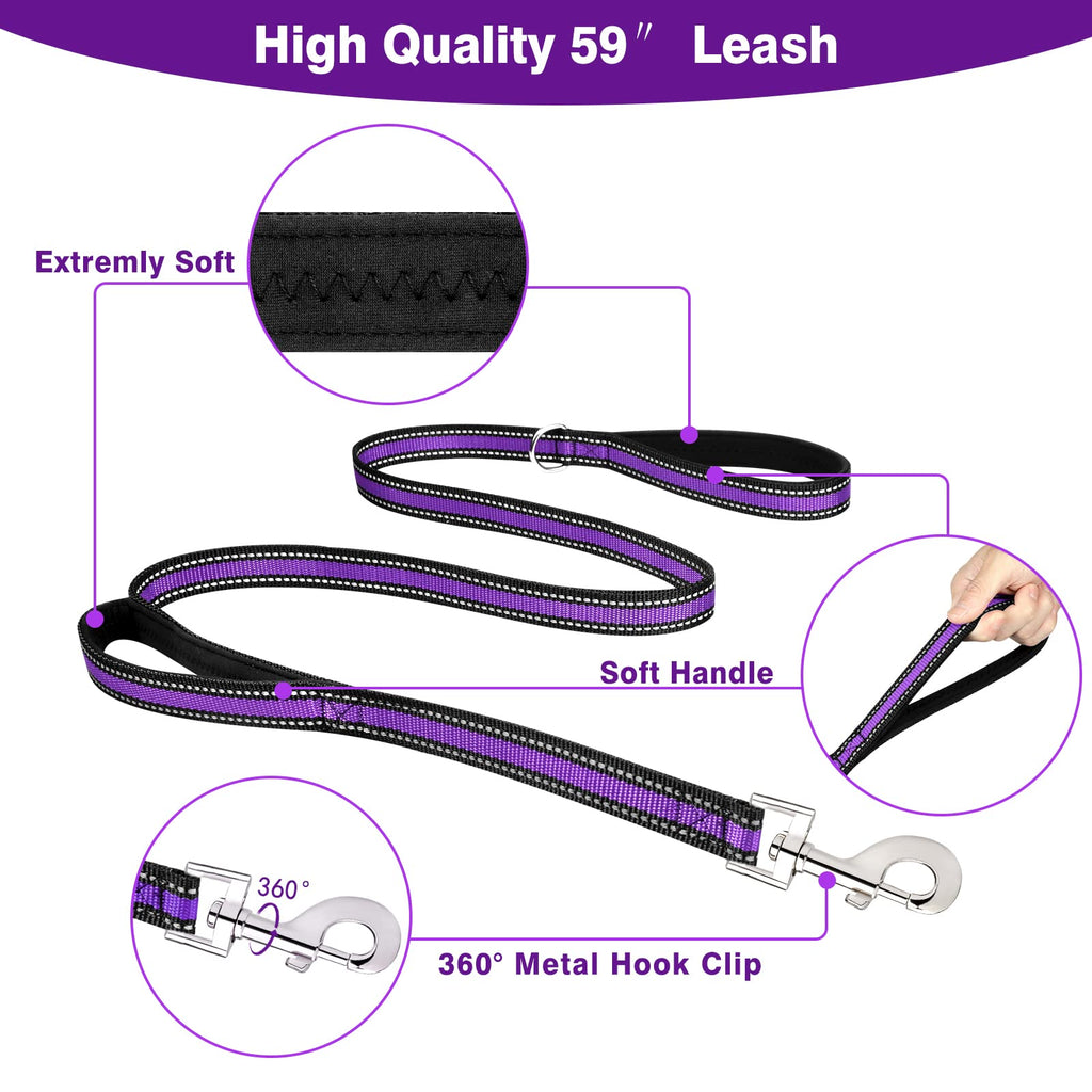 WINSEE Pet Harness Collar and Leash Set, All-in-one Reflective Dog Harness No Pull with Adjustable Buckles for Puppies, Small, Medium, Large, and Extra-Large Dogs (Large, Purple)