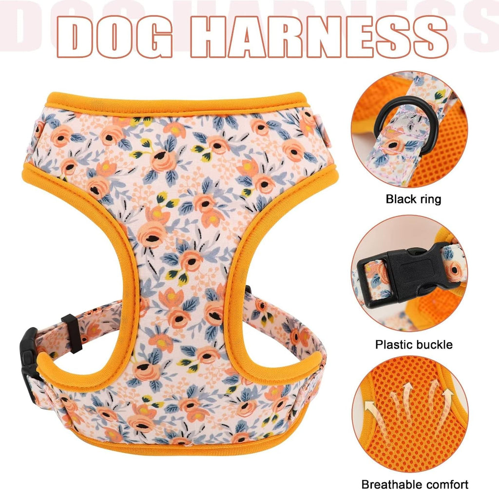 Beirui Cute Dog Collars,Harnesses,Leashes Set, Floral Pattern, Orange,S