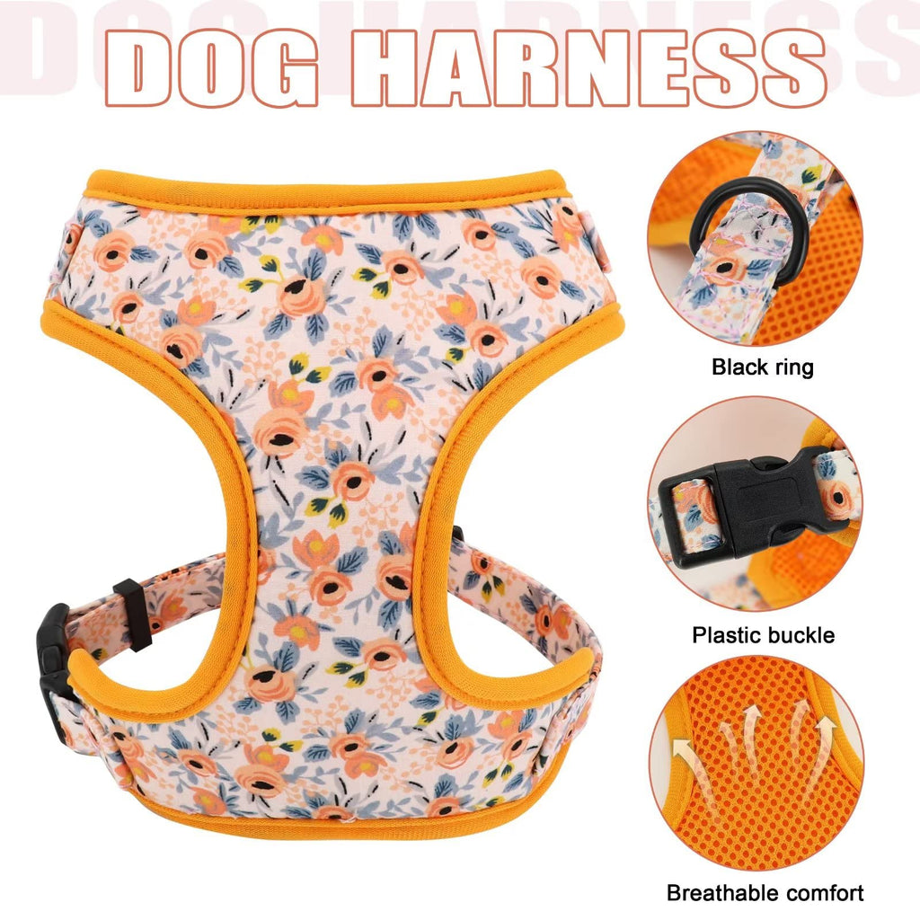 Beirui Cute Dog Collars,Harnesses,Leashes Set, Floral Pattern, Orange,S