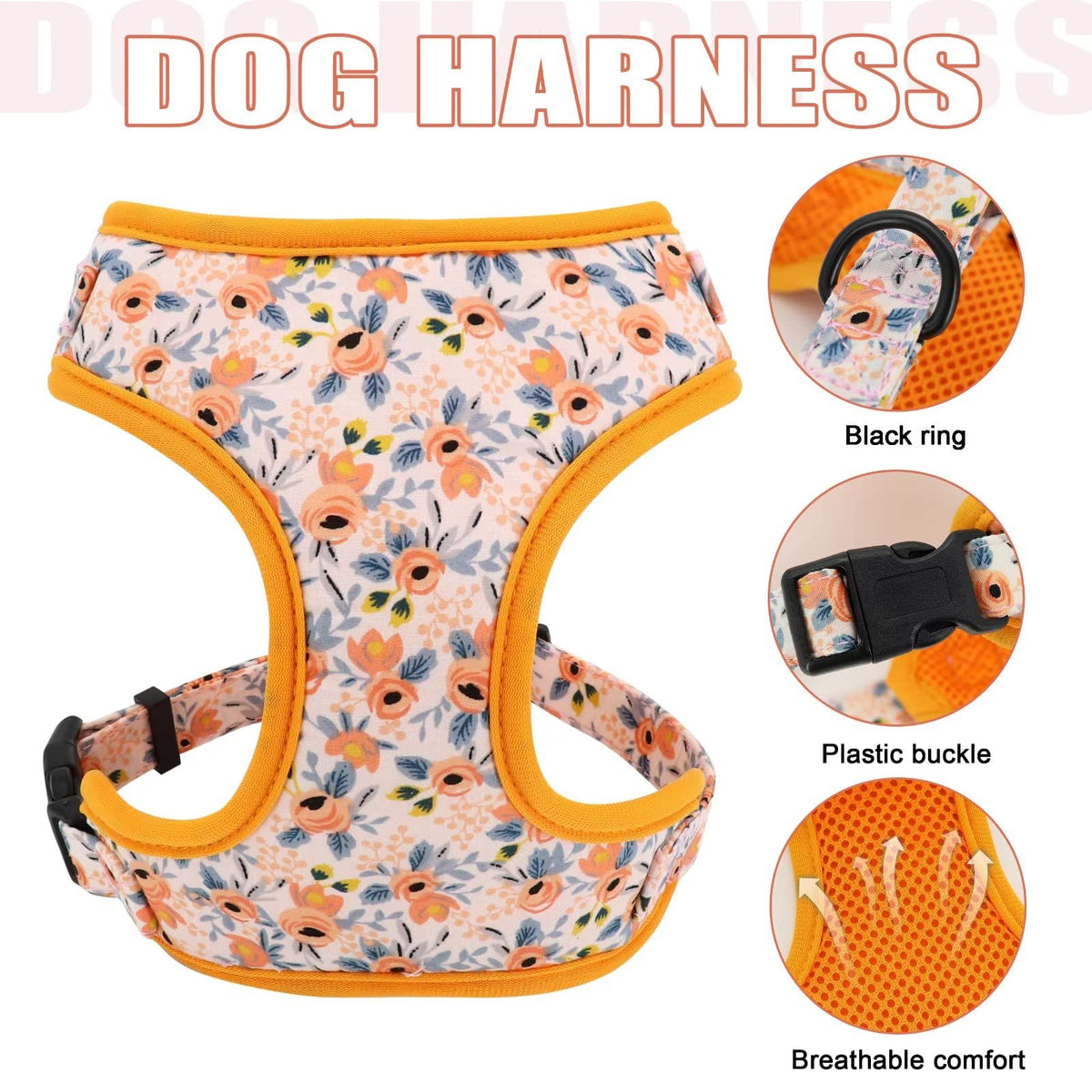 Beirui Cute Dog Collars,Harnesses,Leashes Set, Floral Pattern, Orange,S