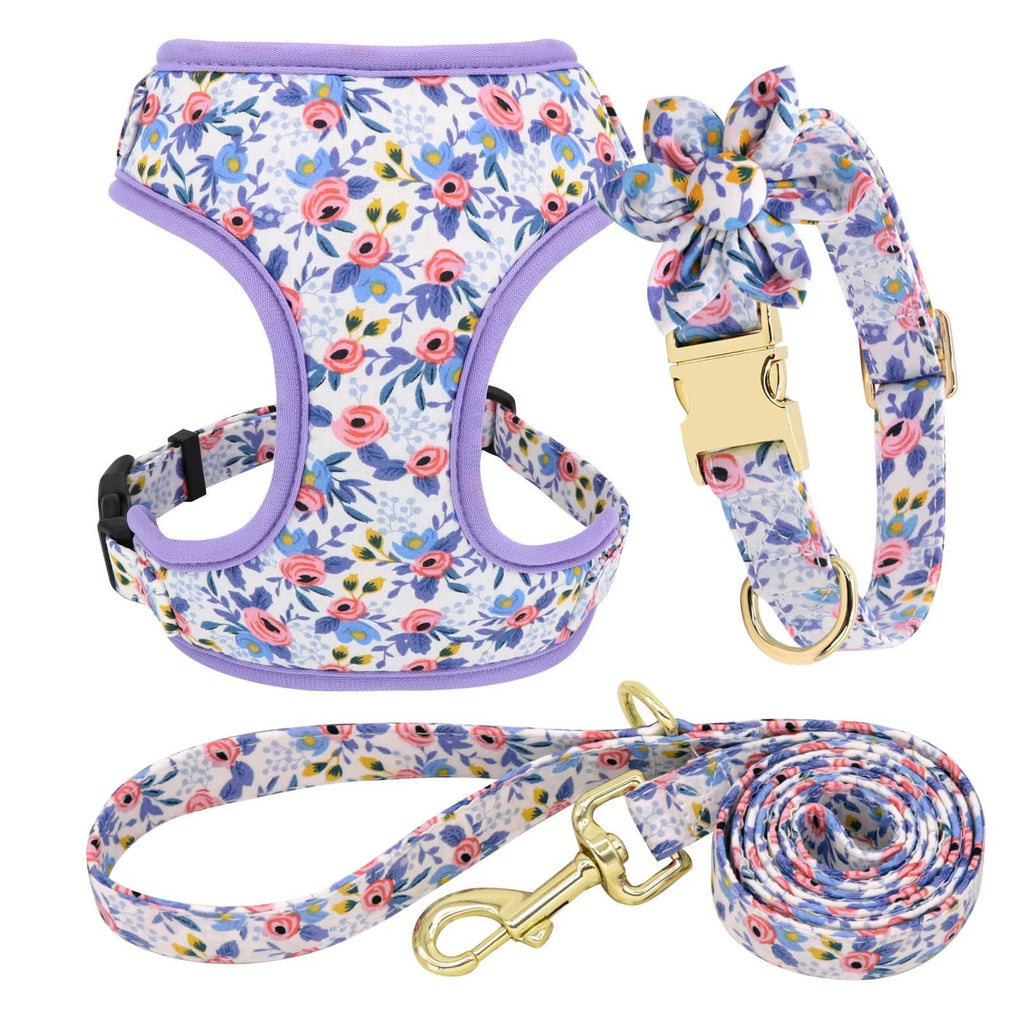 Beirui Cute Dog Collars,Harnesses,Leashes Set, Floral Pattern, Orange,S