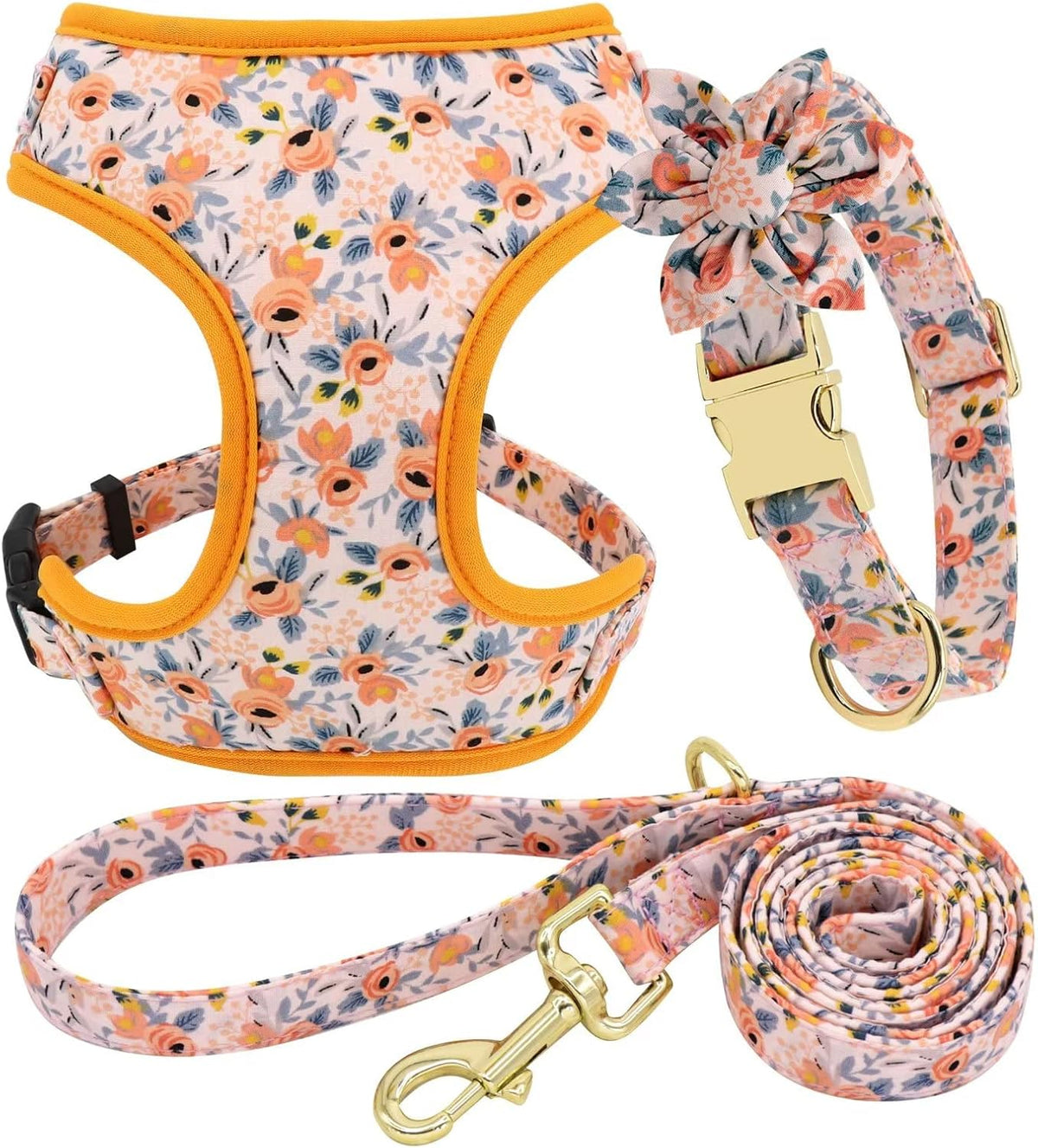 Beirui Cute Dog Collars,Harnesses,Leashes Set, Floral Pattern, Orange,S