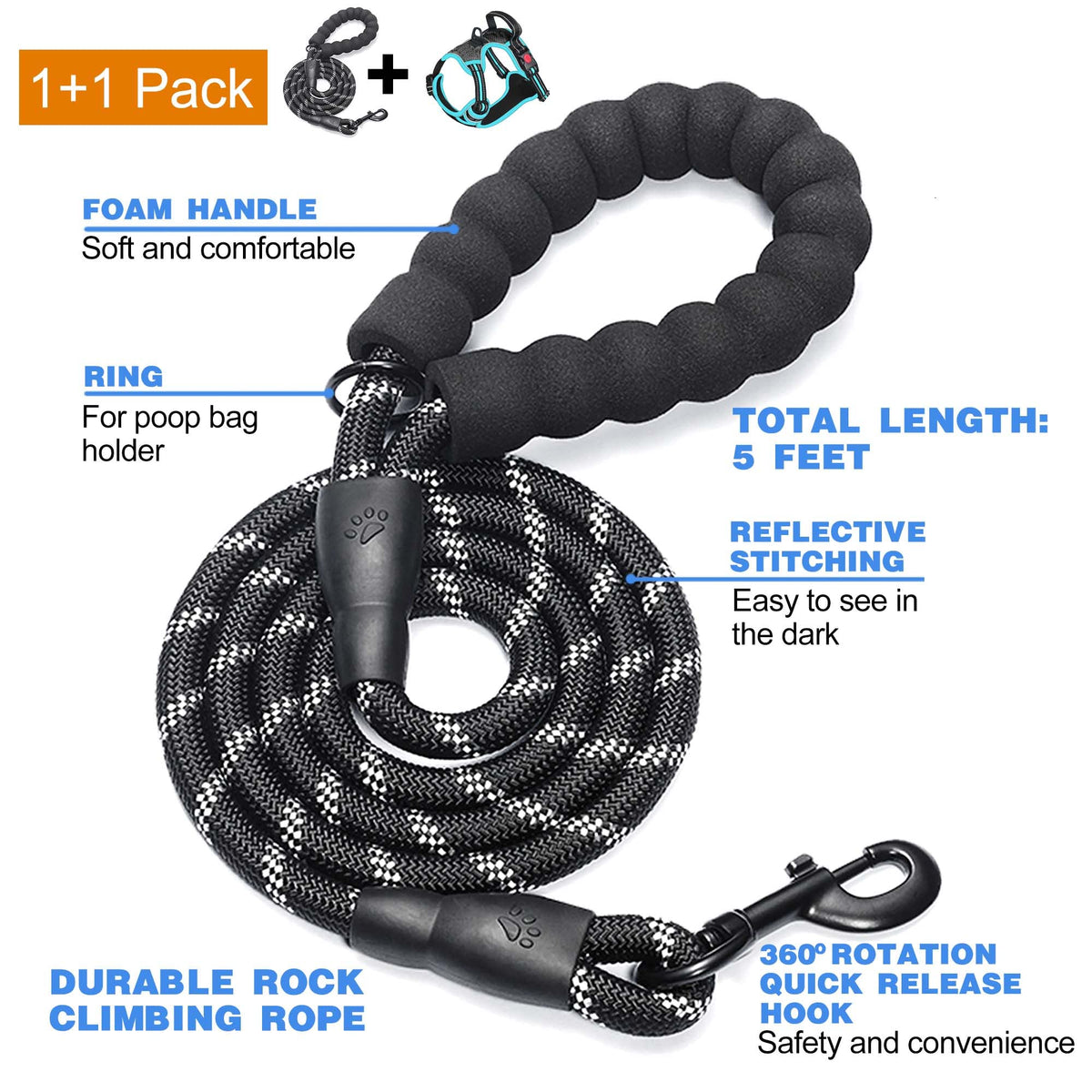 tobeDRI No Pull Dog Harness Adjustable Reflective Oxford Easy Control Medium Large Dog Harness with A Free Heavy Duty 5ft Dog Leash, Orange, L