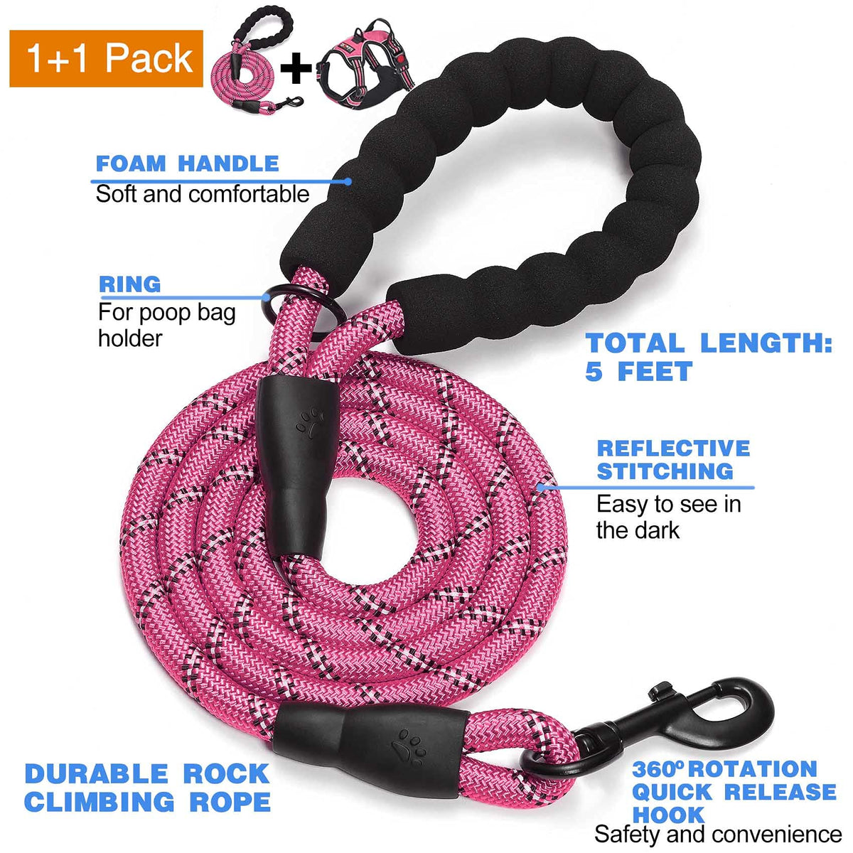 tobeDRI No Pull Dog Harness Adjustable Reflective Oxford Easy Control Medium Large Dog Harness with A Free Heavy Duty 5ft Dog Leash, Orange, L