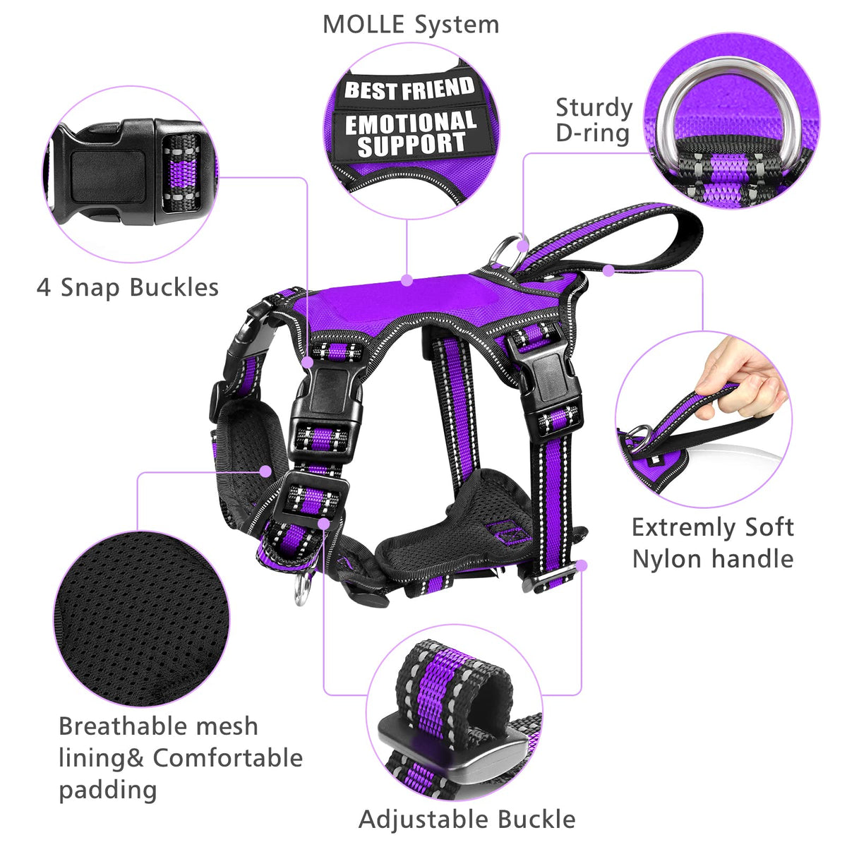 WINSEE Pet Harness Collar and Leash Set, All-in-one Reflective Dog Harness No Pull with Adjustable Buckles for Puppies, Small, Medium, Large, and Extra-Large Dogs (Large, Purple)