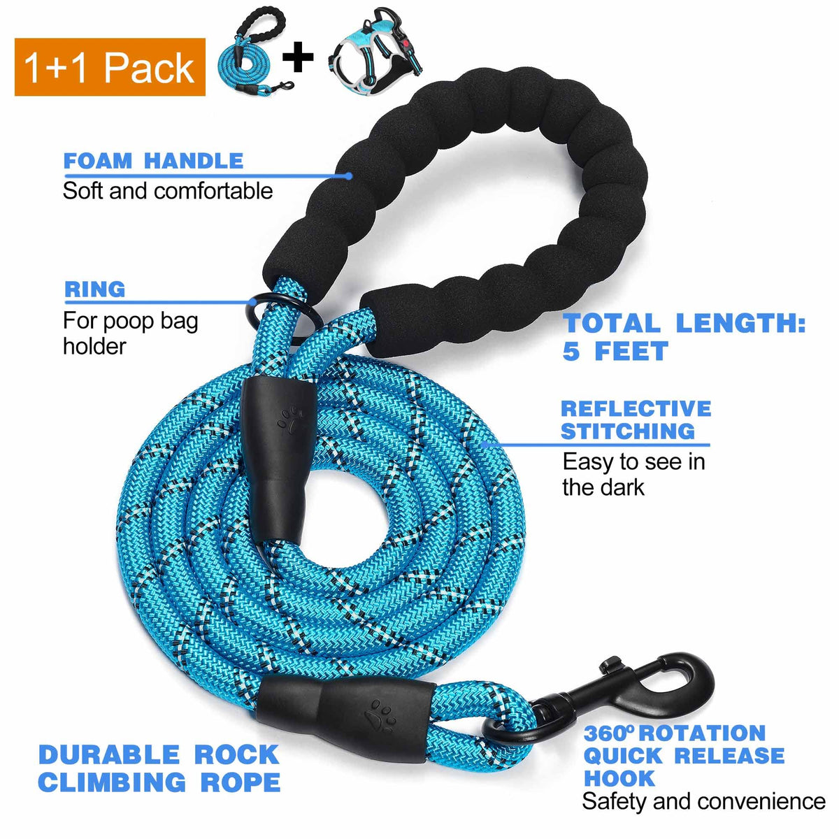 tobeDRI No Pull Dog Harness Adjustable Reflective Oxford Easy Control Medium Large Dog Harness with A Free Heavy Duty 5ft Dog Leash, Orange, L