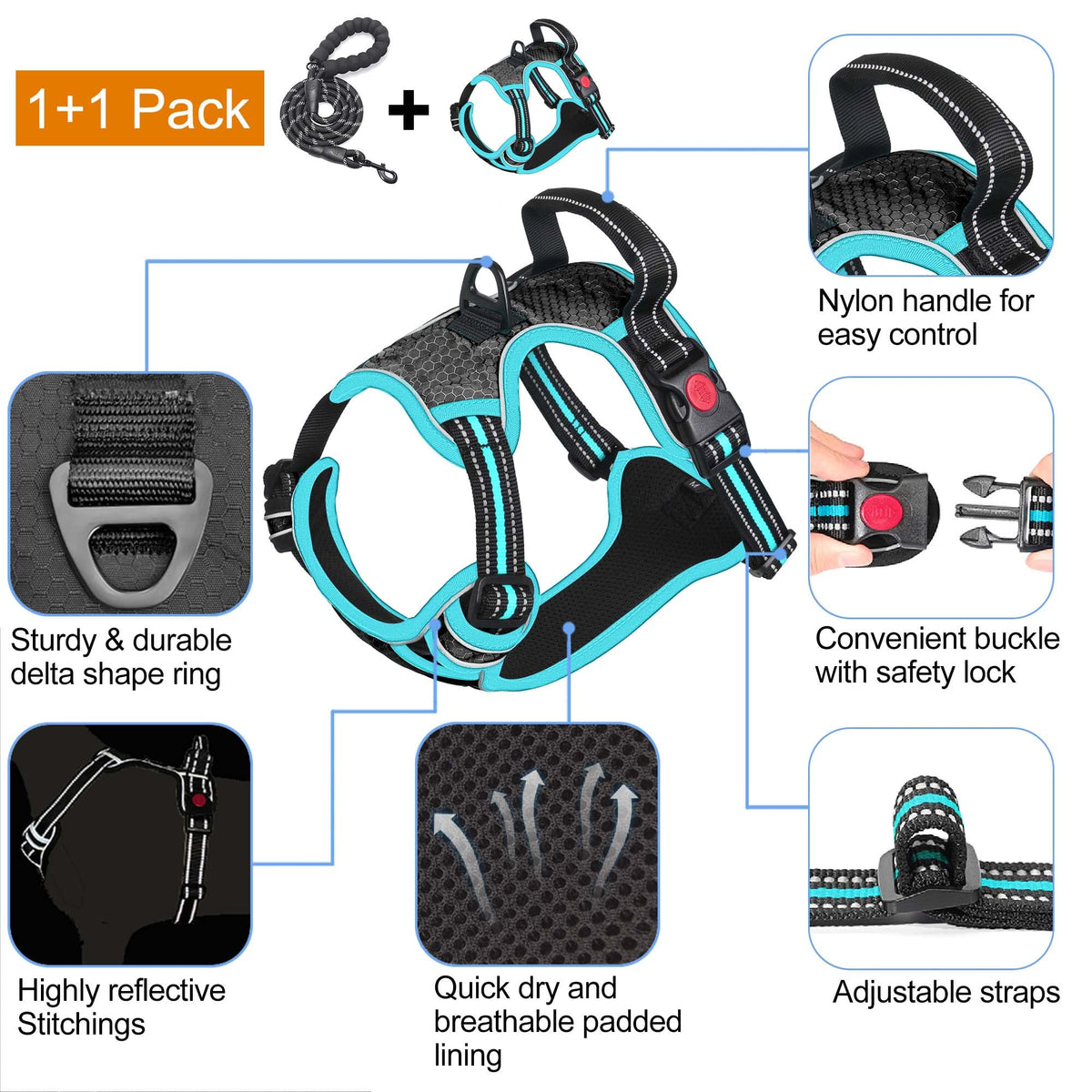 tobeDRI No Pull Dog Harness Adjustable Reflective Oxford Easy Control Medium Large Dog Harness with A Free Heavy Duty 5ft Dog Leash, Orange, L