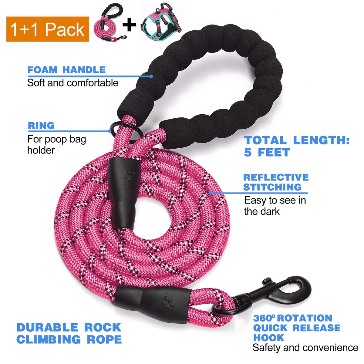 tobeDRI No Pull Dog Harness Adjustable Reflective Oxford Easy Control Medium Large Dog Harness with A Free Heavy Duty 5ft Dog Leash, Orange, L