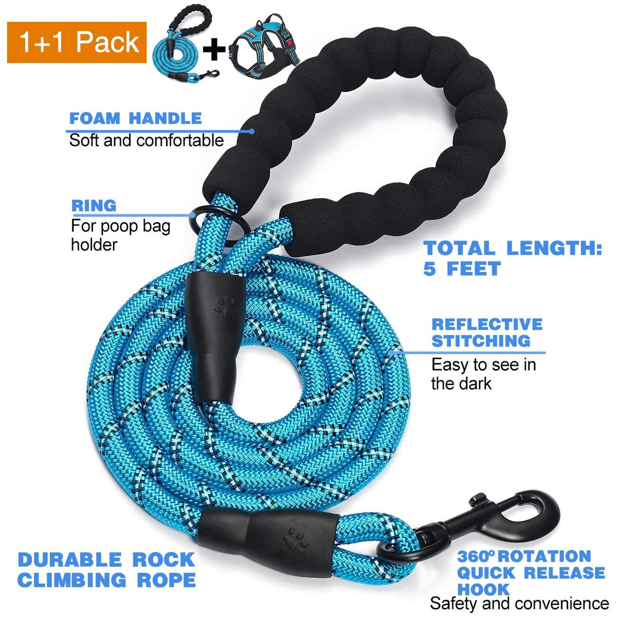 tobeDRI No Pull Dog Harness Adjustable Reflective Oxford Easy Control Medium Large Dog Harness with A Free Heavy Duty 5ft Dog Leash, Orange, L