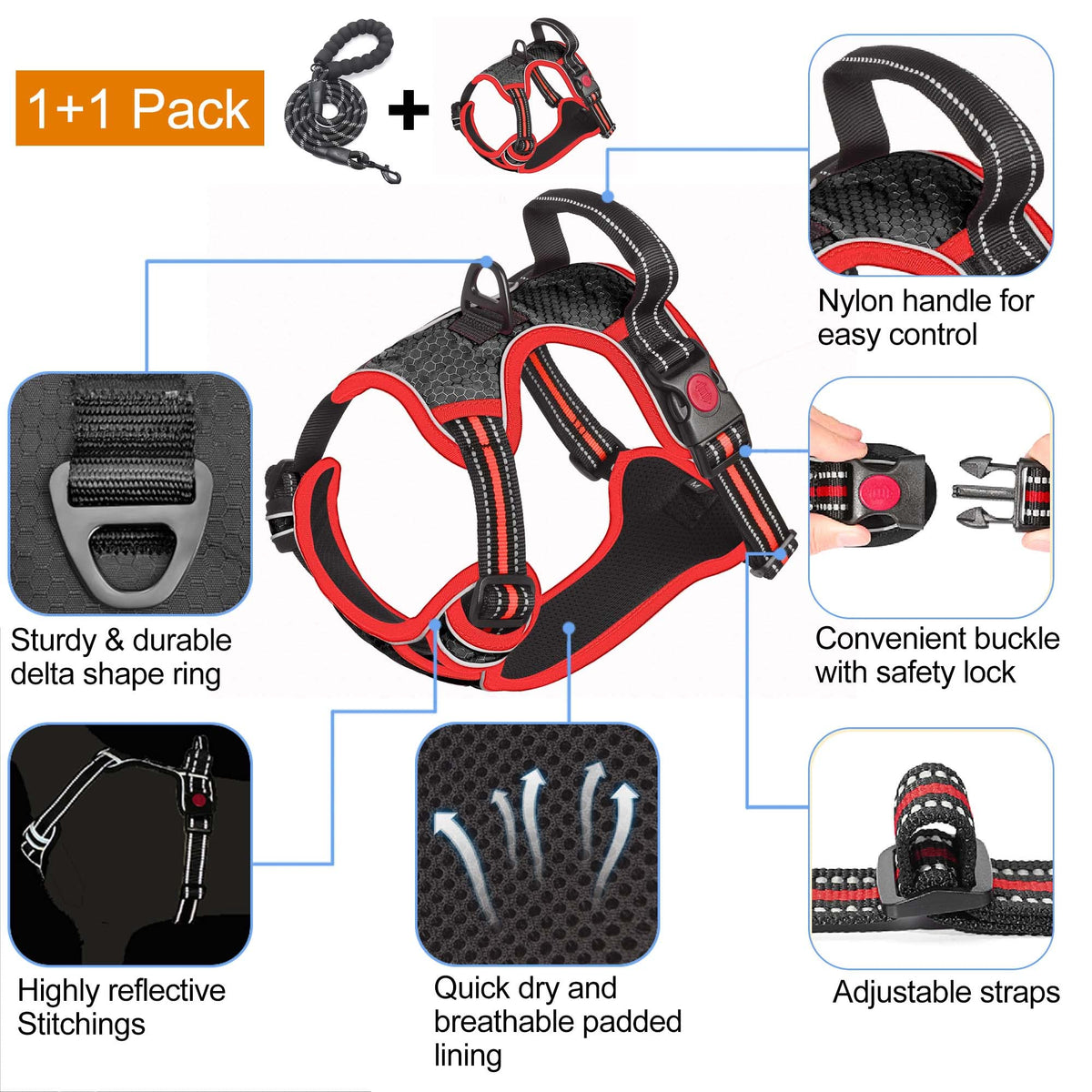 tobeDRI No Pull Dog Harness Adjustable Reflective Oxford Easy Control Medium Large Dog Harness with A Free Heavy Duty 5ft Dog Leash, Orange, L